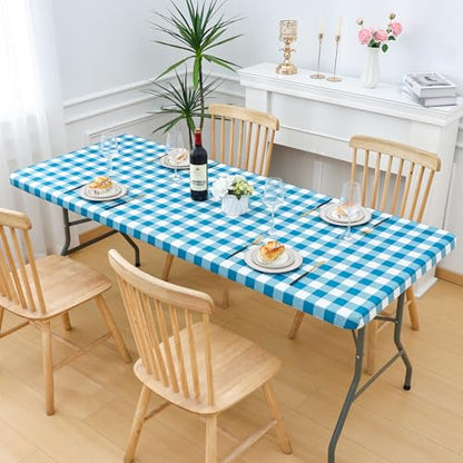 Smiry 4 Foot Picnic Table Cloth, Flannel Backed Fitted Vinyl tablecloths | Waterproof Elastic Rectangle Tablecloth ,Buffalo Plaid Table Covers for Dining, Camping (Turquoise and White, 24" x 48") - color: Turquoise and White, size: 48" x 24" (Rectangular)