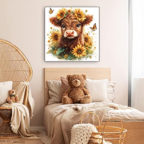 KINPLUB Highland Cow Sunflower Diamond Painting Kits for Adults Beginners, Cow Flowers Diamond Art Kits for Adults, DIY Full Drill Round Gem Art Dots for Home Wall Decor 12x12 Inch - color: Cow Flowers