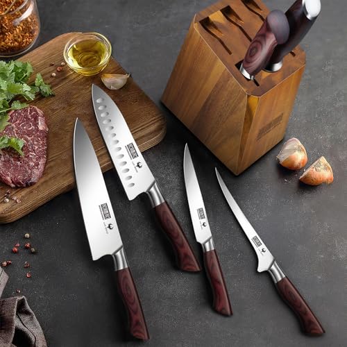 HOSHANHO 7PCS Kitchen Knife Set with Block, Sharp Chef Knives & Sharpener | High-Carbon Stainless Steel Cooking Knife Set, Ultra Sharp Professional Knife Set with Ergonomic Wood Handle, Ideal Home Gift - size: 7 Pieces Knife Set