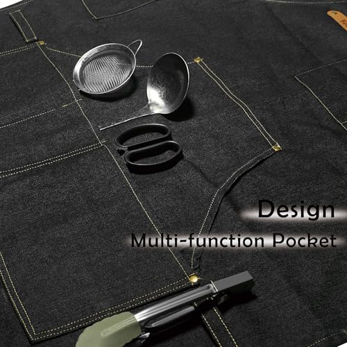 Professional Unisex Chef Apron – Cross-Back, Large Pockets, Water-Resistant Cotton Canvas - color: Black Denim
