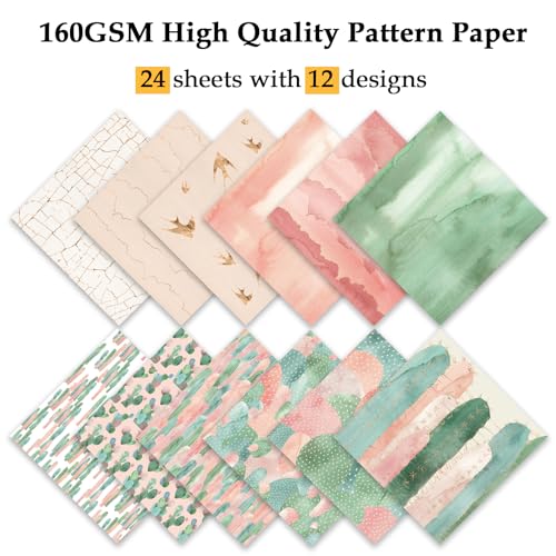 Scrapbook Paper, 24 Sheets 6"×6" 160gsm Single-Sided Patterned Cardstock - color: 24 sheets-cactus