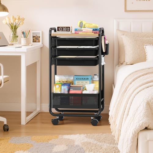 KINGRACK 3 Tier Rolling Cart with Drawer, Metal Utility Storage Cart, Black | 3 Drawers, Pegboard & Wood Tabletop, Lockable Wheels, 4 Hooks & 1 Bin, for Living Room,Bedroom,Craft Room,Office,Kids Room - color: Black