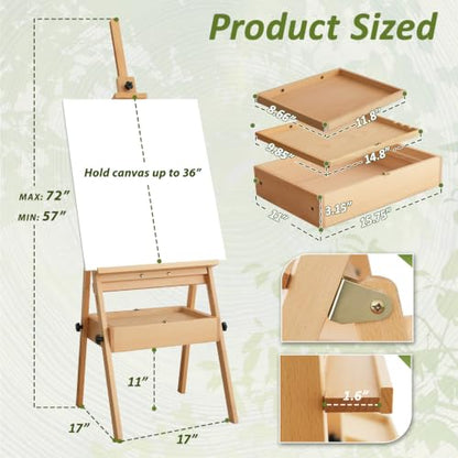 Beech Wood H-Frame Art Easel Stand, 57"-72" Height Adjustable Wooden Easel - color: Natural Wood
