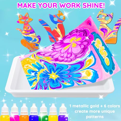 MOMUSE Water Marbling Paint Kit for Kids Dual Trays, Painting Craft Kits | Metallic Gold Marble Painting Kit, 6 7 8 9 10 Girls Birthday Gifts Present,Creative Arts & Crafts for Kids