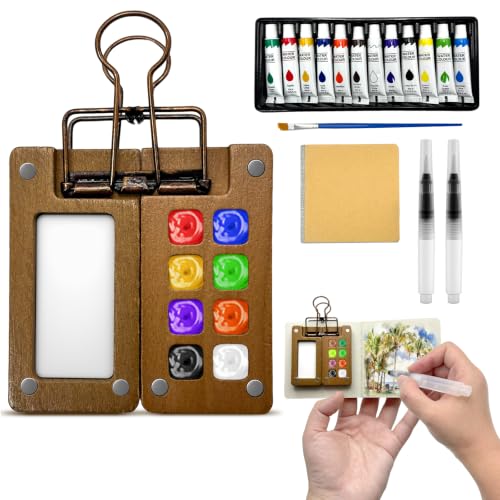 Mini Travel Watercolor Paint Set With Magnetic Palette 12 Colors | Wooden Magnetic Palette, 12 Colors With Water Brush Pens, Portable Design, For Artists Beginners Students, Travel Sketching