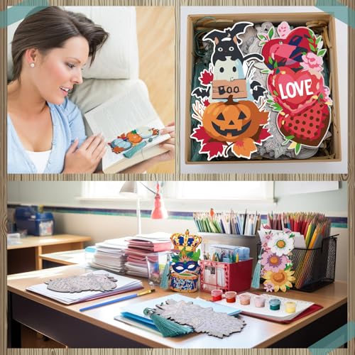 Kosiz 12 Pcs Festival Paint by Number Kit for Adult Wood Bookmark | Mini Paint by Numbers Kit, Painting Decor, Tiny Tassels Blank Bookmarks, for Small DIY Craft Book Lovers Gift 7x2 '' - style: Festival