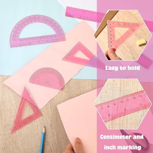 Zonon 7‑Piece Geometry Set with Drawing Compass, 6 & 4 Inch Protractors, Triangle Rulers and Straight Rulers, Transparent Math Drafting Supplies for Back to School, Students and Office Use(Pink) - color: Pink
