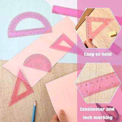 Zonon 7‑Piece Geometry Set with Drawing Compass, 6 & 4 Inch Protractors, Triangle Rulers and Straight Rulers, Transparent Math Drafting Supplies for Back to School, Students and Office Use(Pink) - color: Pink