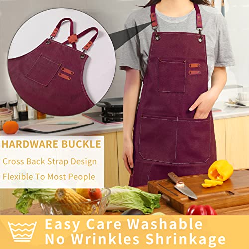 Tosewever Canvas Cross Back Chef Cotton Aprons for Men Women with Large Pockets - color: Dark Red
