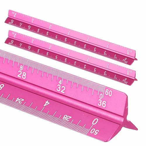 HARFINGTON 2 Pcs Architectural Scale Ruler, 7 Inch Standard Aluminum Alloy Architect Triangular Large Scale Laser-Etched Blueprint Drafting Ruler for Architects Engineers, Rose Red - color: Rose Red, size: 7 Inch