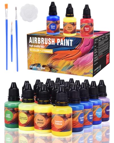 Gocheer Airbrush Paint - 16 Colors with 1 Thinner & 3 Metallic Colors, Ready to Spray Airbrush Paint Set, Water-Based Acrylic Air Brush Paints for Metal, Plastic Models, Canvas, Wood - 20 Bottles