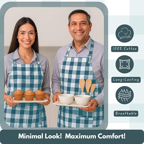 Native Fab Kitchen Apron 2 Pack - 100% Cotton Adjustable, Durable Apron with Pockets, Perfect for Cooking, Baking, Grilling - color: Buffalo, Teal Green