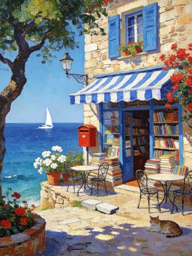 Bookstore by the Sea Diamond Art Kits for Adults, Diamond Painting Kit Adults for Beginners, Round 5D DIY Dimond art,Full Drill Painting Kit Art and Crafts for Adults Home Wall Decor【11.8x15.7inch】 - color: JW-115