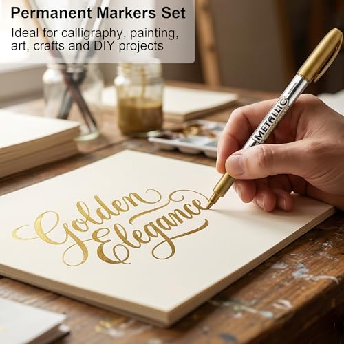 Metallic Marker Pens, 12 Pack Permanent Ink Markers (6 Gold & 6 Silver) for Art, Crafts, and DIY Projects