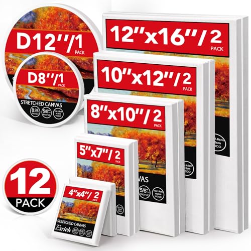 ESRICH 12 Pack Stretched Canvas for Painting, 4x4, 5x7, 8x10, 10x12, 12x16(2 of Each), Round Canvas with 8x8, 12x12(1 of Each), Blank Canvases Primed Paint Canvas for Beginners, Artists. - size: 12PCS-7sizes