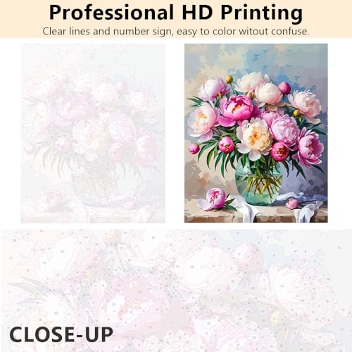 TUMOVO Paint by Numbers Kit for Adults Pink Peonies Botanical Canvas Art | Floral DIY Painting with Vibrant Acrylic Paints and 3 Brushes, Relaxing Arts and Crafts Kit, 16x20 Inch - color: Peonies