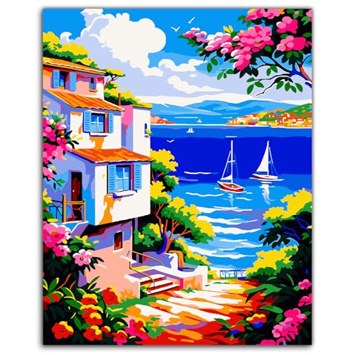 ZTOTZ Pink Landscape Paint by Numbers kit for Adults,Easy Paint by Numbers kit Seaside,Summer Holiday Number Painting for adults16X20 inch - color: B-005-seaside landscape