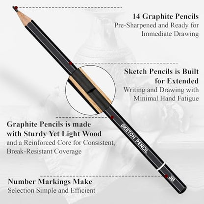 Aenir Sketch Pencils for Drawing, Drawing Pencils Set of 18, 10B–4H Graphite Pencil, Vinyl Eraser, Kneaded Eraser, Sharpener, Blending Stump,Sketch Set for Artists, Art Supplies. - size: 18 Pcs Graphite Pencils Set