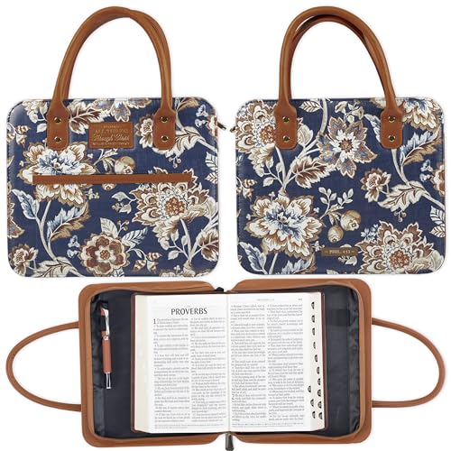 Christian Art Gifts Fashion Vegan Leather Purse Style Bible Cover Case for Women: All Things Through Christ Gold Inspirational Scripture, Pen Loops, Two Handles, Pockets, Navy & Brown Floral, Medium - size: Medium
