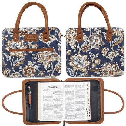 Christian Art Gifts Fashion Vegan Leather Purse Style Bible Cover Case for Women: All Things Through Christ Gold Inspirational Scripture, Pen Loops, Two Handles, Pockets, Navy & Brown Floral, Medium - size: Medium