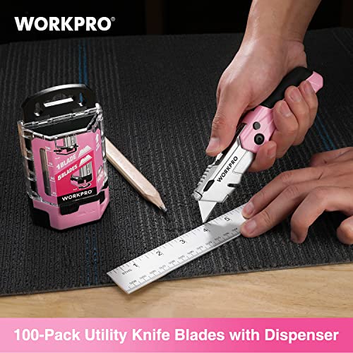WORKPRO 100-Pack Utility Knife Blades | Utility Blades Replacement with Dispenser, SK5 Carbon Steel - Pink Ribbon - style: SK5(pink)