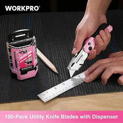 WORKPRO 100-Pack Utility Knife Blades | Utility Blades Replacement with Dispenser, SK5 Carbon Steel - Pink Ribbon - style: SK5(pink)