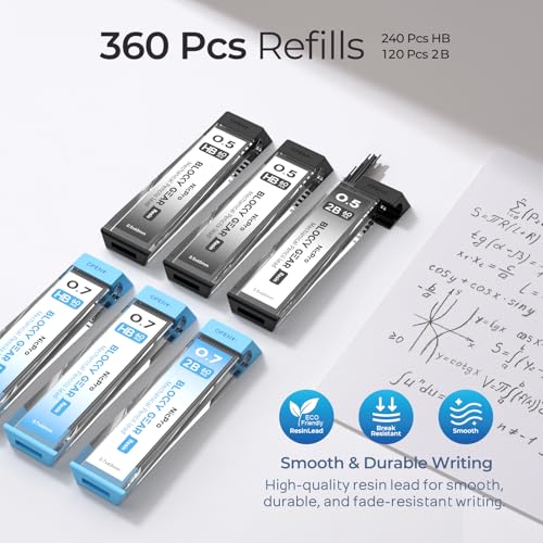 Nicpro Blocky Gear 0.5 mm & 0.7 mm Mechanical Pencils Set in Case | Metal Pencil with 6 Tube Lead Refills, Eraser, Eraser Refills for Professional & Adult Art Writing Drafting Drawing Sketching - style: Contemporary