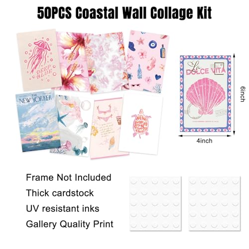 FYSUIMU 50Pcs Coastal Wall Collage Kit Pink Blue Coastal Beach Seashell Art Print Preppy Room Decor Aesthetic Pictures for Bedroom Wall Dorm Home Decor, 4 x 6 Inch - color: Pink Coastal