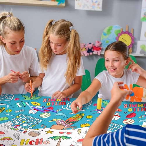 Giant Hello Summer Party Coloring Tablecloth for Kids - Huge Summer Theme Table Cover Large Watermelon Ice Cream Painting Poster for Children Birthday Party Supplies 54x108 Inch - color: Hello Summer