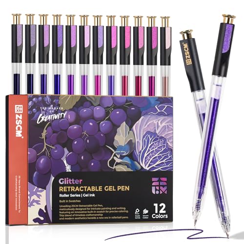 Purple Retractable Glitter Gel Pens, 12 PCS Large Capacity Metallic Ink Pen - color: 12 Purple