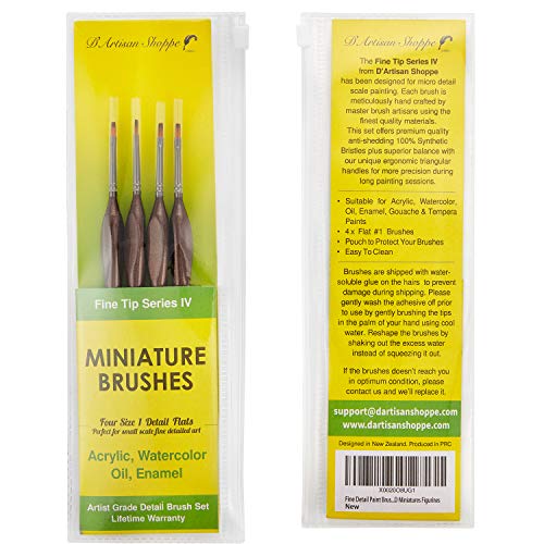 D'Artisan Shoppe Size 1 Detail Flat Miniature Paint Brushes 4pc Brush Set | Fine Tip Series: 4 synthetic #1 flat brushes, wood non-roll grip. Dry brushing miniatures, paint by number, craft - style: 4 pc Flat Tip (Size 1)