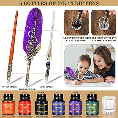 Quill Pen Ink Set, With Quill Pen, Wooden Dip Pen, Glass Dip Pen, 6 Bottles Ink,16 Letter Paper, 2 Envelopes,17 Nibs, Pen Holder, 2 Bottles Fire Lacquer Wax, Stamp, Spoon, White Wax, Cup(Purple) - color: Purple