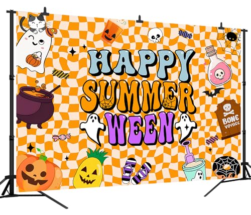 8x6FT Summerween Backdrop Happy Summerween Halloween Ghost Magic Pot Tombstone Background for Boy Girl Women Summer Halloween Party Decorations Vinyl