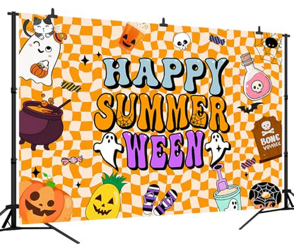 8x6FT Summerween Backdrop Happy Summerween Halloween Ghost Magic Pot Tombstone Background for Boy Girl Women Summer Halloween Party Decorations Vinyl
