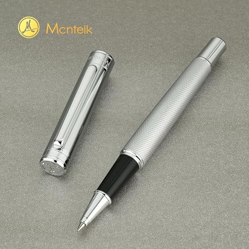 MCNTEIK Silver Rollerball Pen, Stunning Luxury Pen with Mesh Texture Design, Bright Silver Chrome Finish, Schmidt refill, Nice Gift Set for Men & Women, Executive, Office, Graduation, Fancy Pens - color: Silver