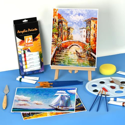 ACKASK Painting Kits for Adults Kids,Acrylic Paint Canvas Easel Set,30 Pcs Drawing Painting Supplies Art Kit,12 Paints,10 Painting Brushes,Palettes Etc,Art Set Art Supplies for Kids Adults Artists