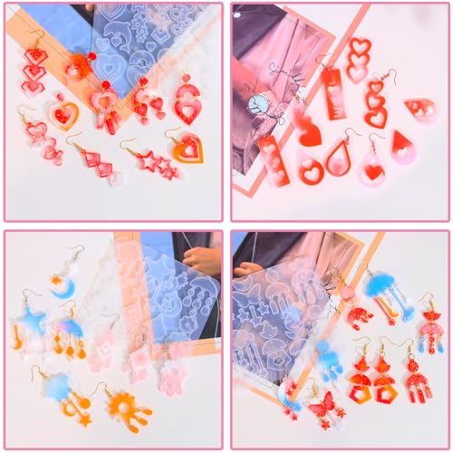 4 Pack Heart Resin Earring Mold Love Heart Star Shape Earring Silicone Molds for Mother's Day UV Casting Epoxy Silicone Molds Jewelry Earring Making Kit with 200 Earring Hook for DIY Crafts Keychains - color: Clear-Love shape
