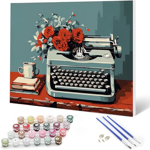 Auremi Retro Paint by Number Kits for Adults,Typewriter Paint by Number on Canvas with Frame DIY Painting with Number Acrylic Oil Paint Kits for Home Decor 8x12 Inch - color: Paint by number 006