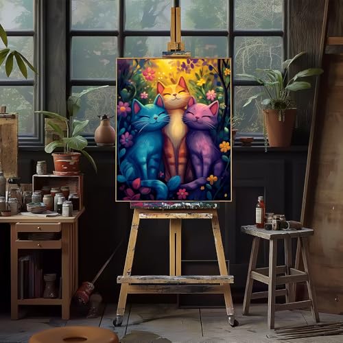 Natuyalo Paint by Numbers Kit for Adults Beginner, Three Little Cats in Flowers Painting by Number Kits on Canvas, Animals Acrylic Paint by Number Kit DIY Painting Kits Home Wall Decor Gift 12X16 inch - color: Color-10