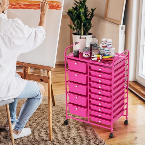 COSTWAY 15 Drawer Rolling Storage Cart, Mobile Storage Organizer | Removable Drawers & Metal Frame, Multipurpose Utility Tools Paper Organizer on Wheels for Home, Office (Hot Pink) - color: Hot Pink, size: 15 Drawer