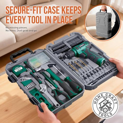 Hi-Spec 8V USB Power Drill Driver and Home Tool Kit with Toolbox Set, Green - color: Green, size: 70-Piece