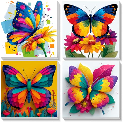 TOSTOG 4 Pack Paint by Number for Kids with Wooden Frame, Butterfly Paint by Numbers for Kids Ages 8-12, Butterfly Acrylic Oil Painting Kits Easy Paint by Number for Home Wall Decor 8in X 8in - color: Butterfly