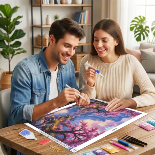 HeeBenor 5D Landscape Large Diamond Painting Kits for Adults, 27.5" X15.7" - color: Cherry Blossom 056