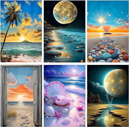 DOTZSO 6PCS Landscape Diamond Painting Art Kit for Adults Beginner 12x16 in | 5D Full Drill Resin, Landscape Pattern, Fits All Ages, Leisure Craft, Stress Relief, Wall/Shelf Display, All-Occasion Gift - color: AD Landscape Beach Moon Lake Dream