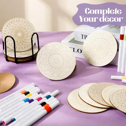 Reallnaive 77 Pcs Mandalas Coasters Painting Kit, 20 Set Wooden Drink Coasters 4 Inch with Holder & Markers Boho DIY Crafts for Adults, Women, Hobby, Color Your Own Art Craft Supplies - style: Mandalas