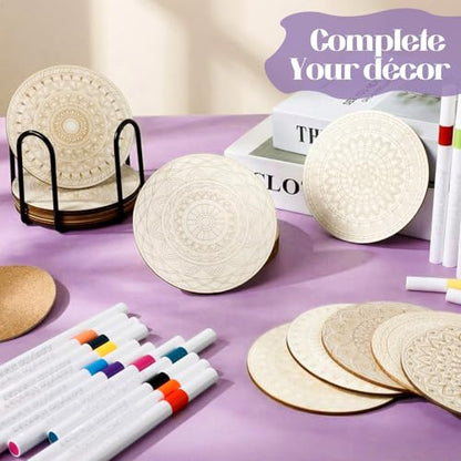 Reallnaive 77 Pcs Mandalas Coasters Painting Kit, 20 Set Wooden Drink Coasters 4 Inch with Holder & Markers Boho DIY Crafts for Adults, Women, Hobby, Color Your Own Art Craft Supplies - style: Mandalas