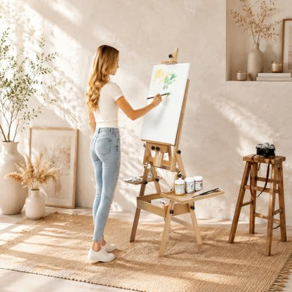 MEEDEN Painting Easel with Storage and Tray: H-Frame Beech Wood Art Easel | Easel Stand for Adults, Artists, Students, Beginners - Adjustable 50"-80" H, Holds Canvas Up to 47 Inches - color: Natural