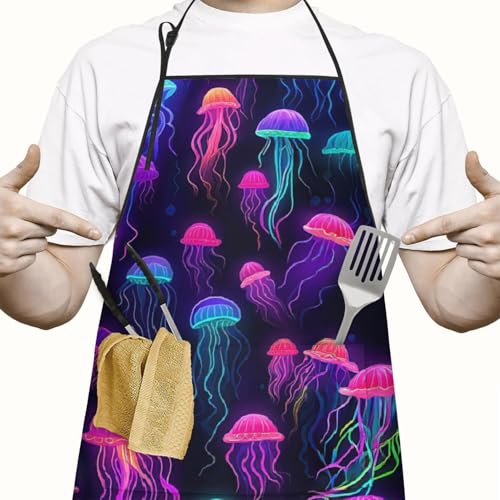 Apron with 2 Pockets,Kitchen Chef Artist Aprons for Cooking Gardening Baking Painting, Waterproof Apron 33" x 27" - color: Jellyfish