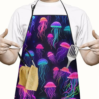 Apron with 2 Pockets,Kitchen Chef Artist Aprons for Cooking Gardening Baking Painting, Waterproof Apron 33" x 27" - color: Jellyfish