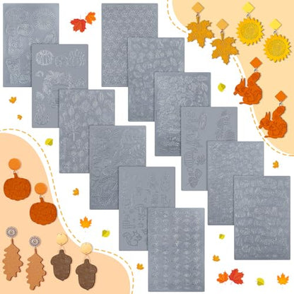 DoubleFill 12 Pcs Fall Polymer Clay Texture Sheets Set, Maple Leaves, Pumpkin Miniature Clay Molds Pine Cone Pattern Silicone Polymer Clay Molds for Fall Autumn Thanksgiving Jewelry Earrings Making - style: Autumn